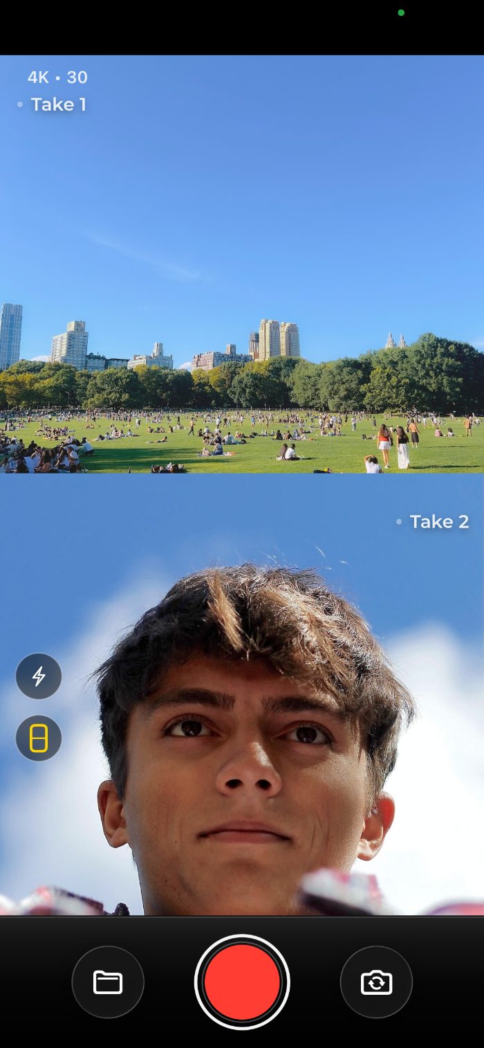 TwoTakes split-view recording layout